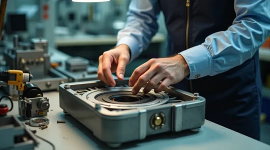 Expert technician examining and repairing worn semiconductor robot arm in industrial maintenance workshop setting with specialized tools and diagnostic equipment