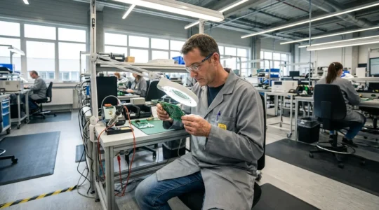 Technician in ESD smock handling circuit board at protected workstation